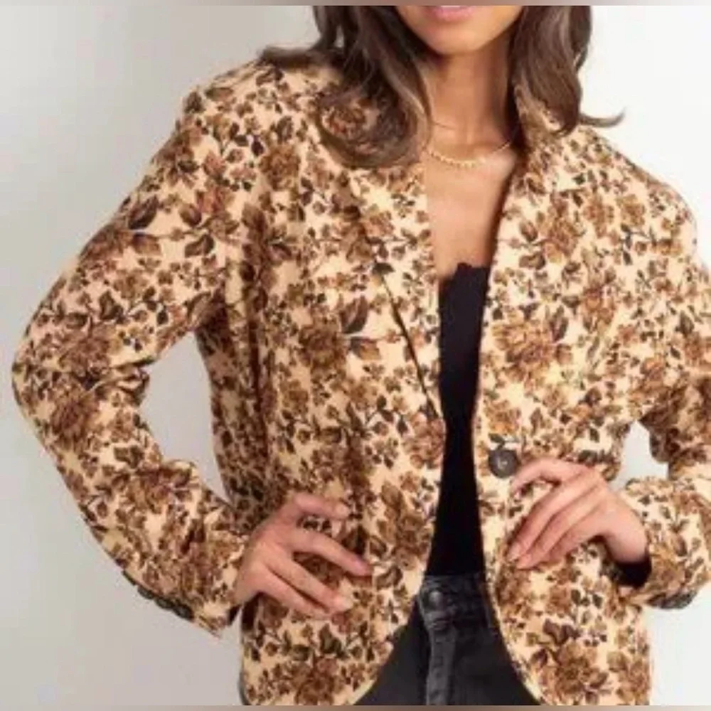 Free People Cali Floral Boxy Blazer M Brown Tan Boho Cottagecore Retro Oversized
